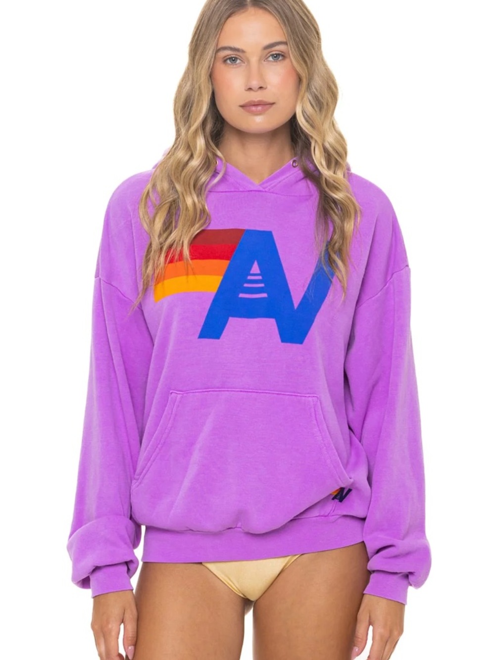 NWT Aviator Nation neon purple Graphic Hoodie with Rainbow Accent XS